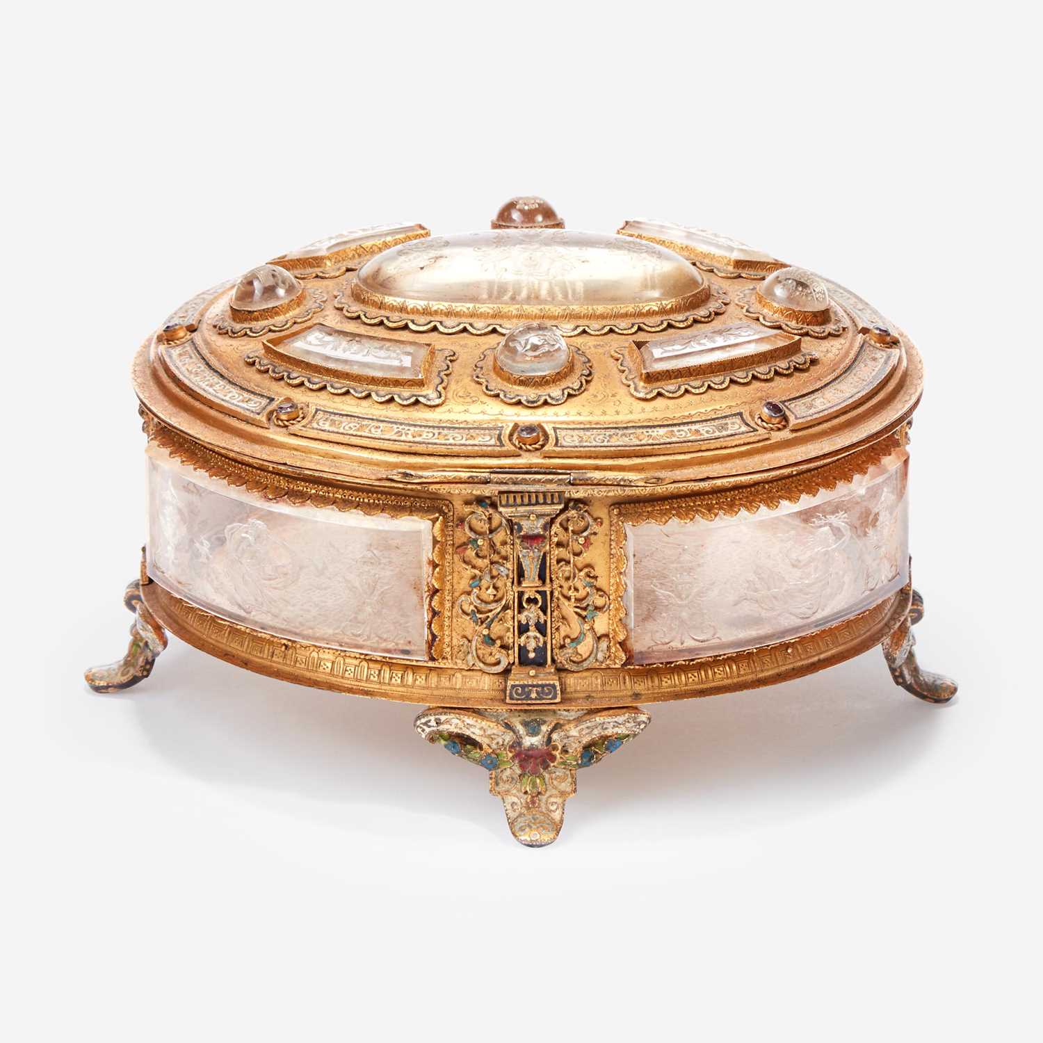 Lot 13 - A Renaissance Revival Etched Glass, Enamel, and Silver Gilt Mounted Casket