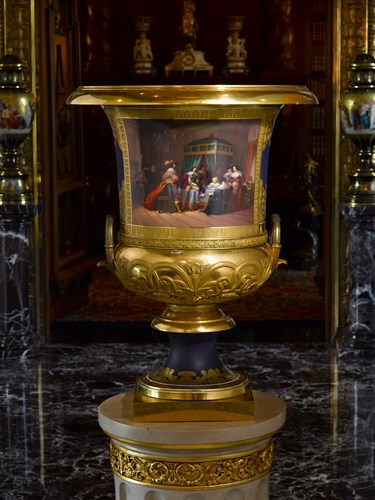 Lot 131 - Important ormolu mounted Russian Imperial hand painted gilt decorated porcelain urn